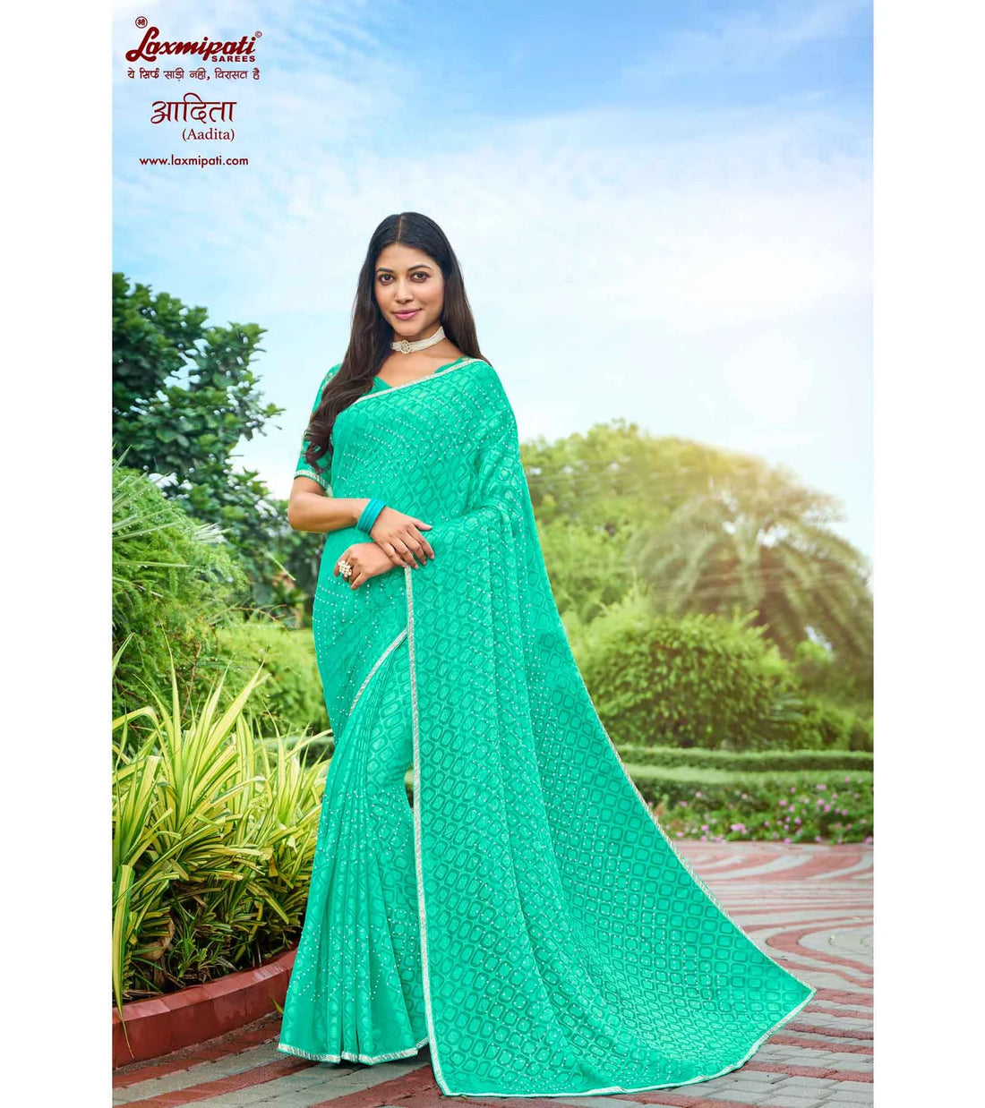 Laxmipati Adita N-2023 Rama Green Chiffon Brasso Saree