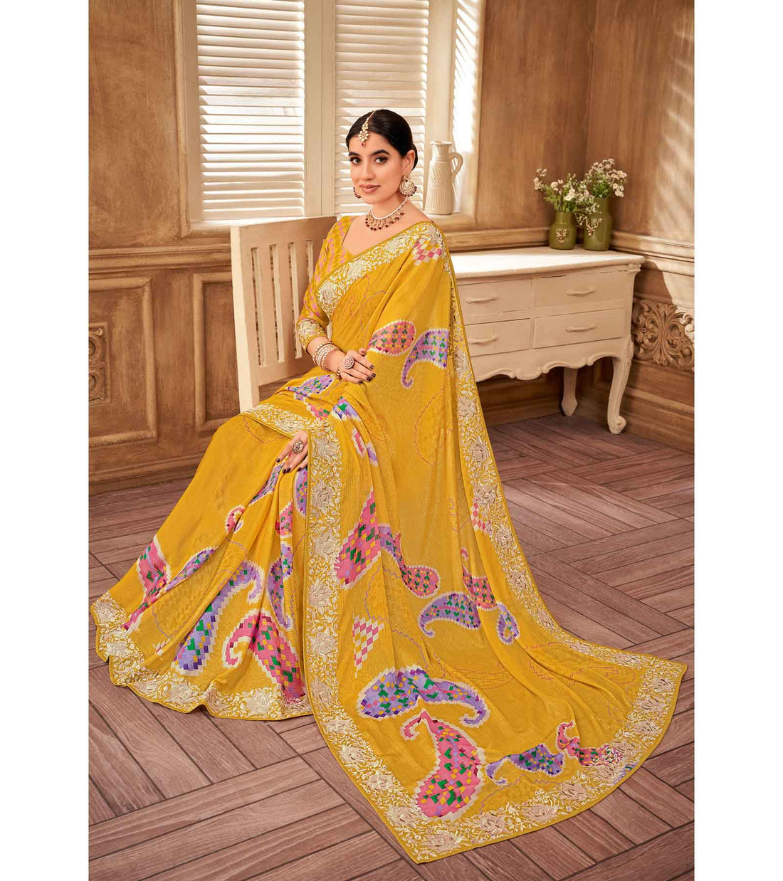 Laxmipati Chulbuli N-2152 Yellow Satin Chiffon Saree