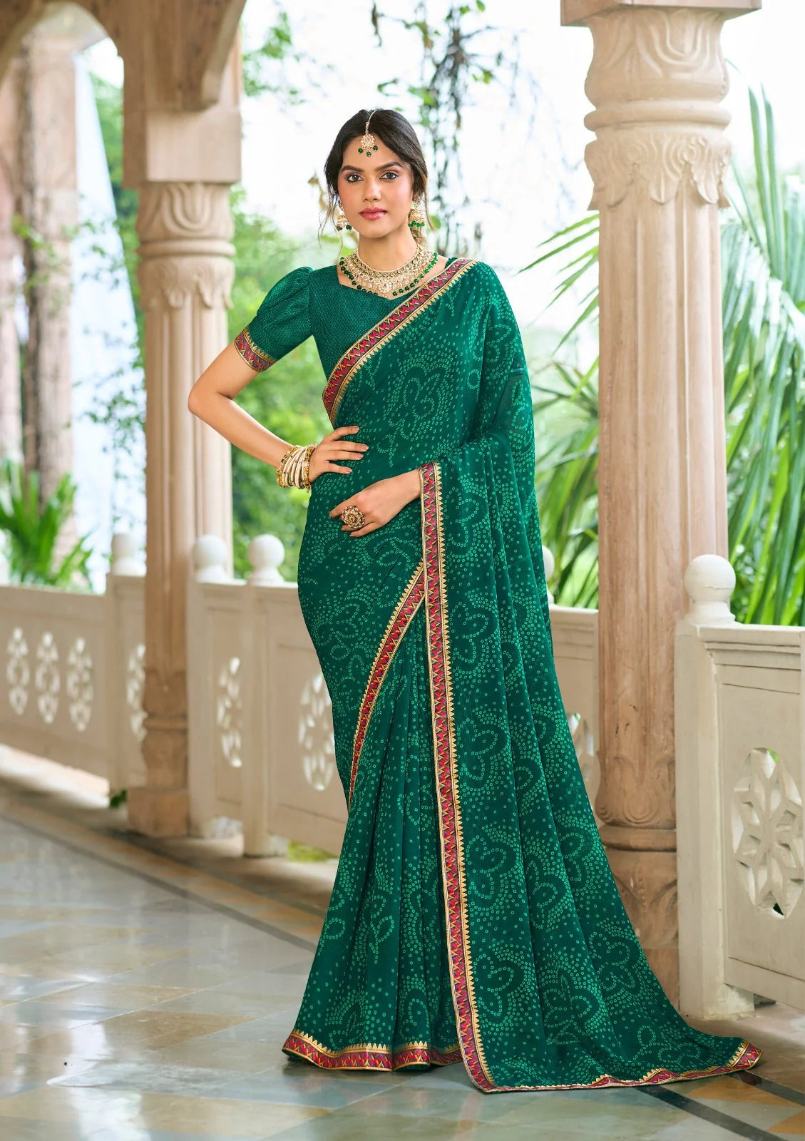 Laxmipati Rim_Jhim N-2175 Dark Green Georgette Saree