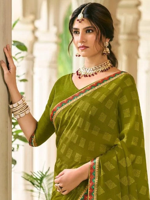 Laxmipati Rim_Jhim N-2178 Olive Green Georgette Saree