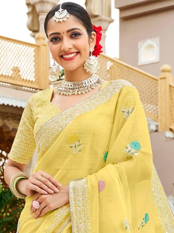 Laxmipati Malmal N-2218 Lemon Yellow Organza Saree