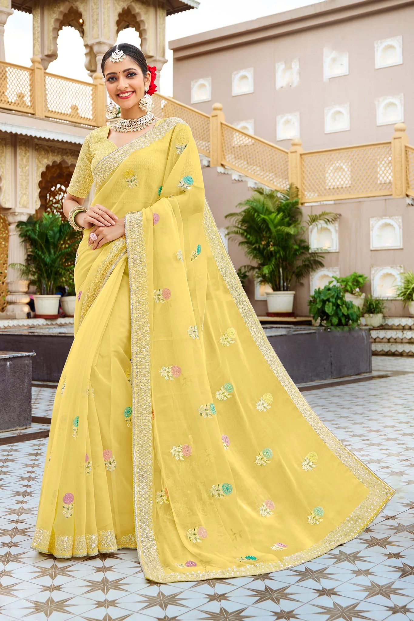 Laxmipati Malmal N-2218 Lemon Yellow Organza Saree