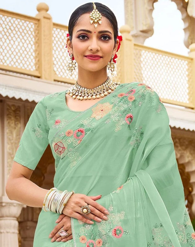 Laxmipati Malmal N-2219 Mint Green Chiffon Saree