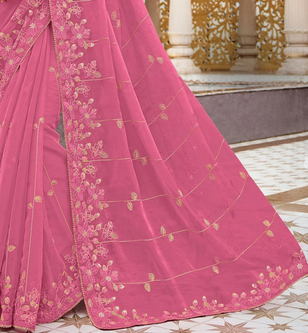 Laxmipati Malmal N-2220 Pink Organza Saree