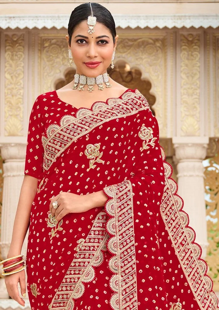 Laxmipati Malmal N-2223 Red Chiffon Saree