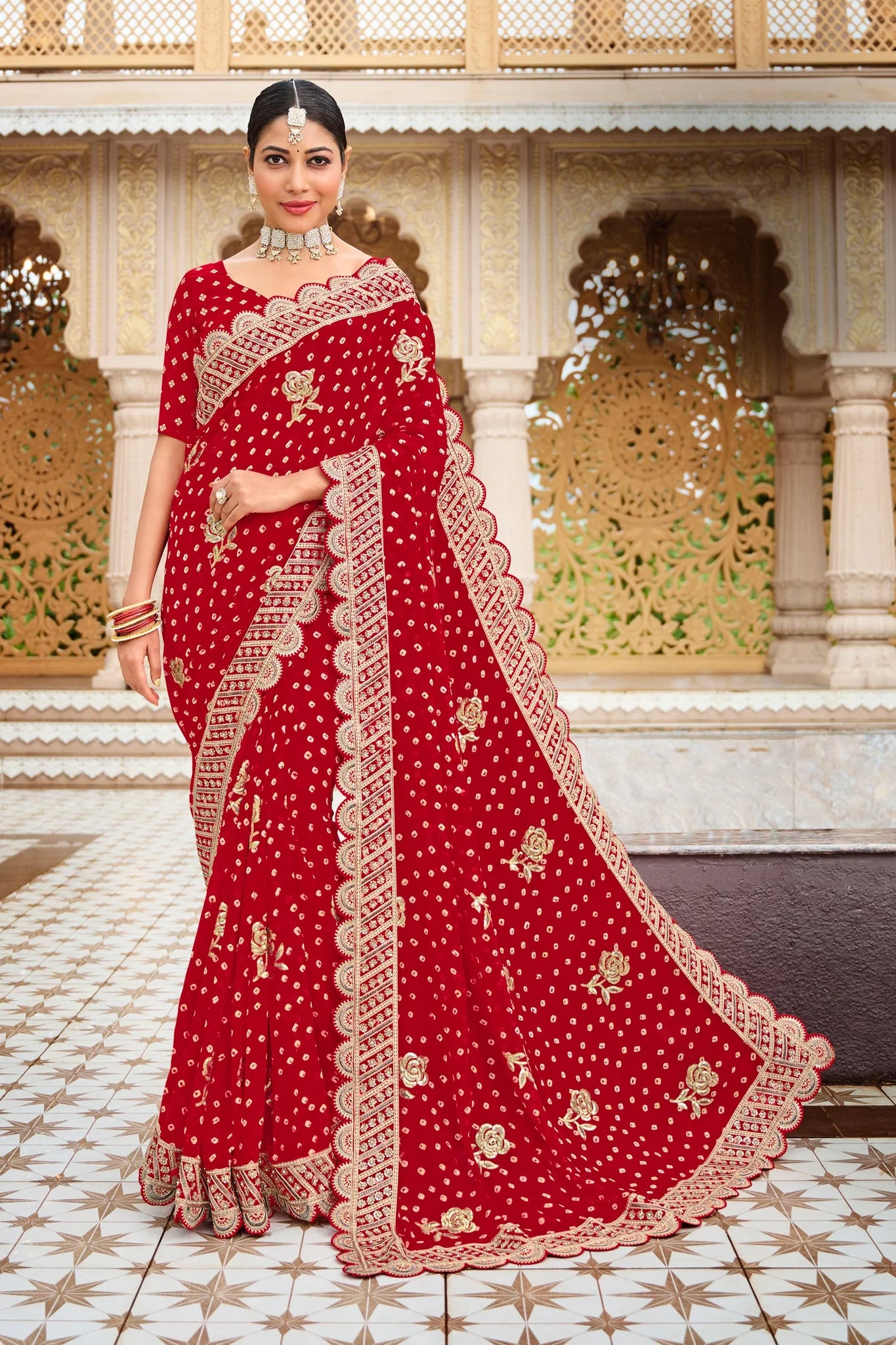 Laxmipati Malmal N-2223 Red Chiffon Saree