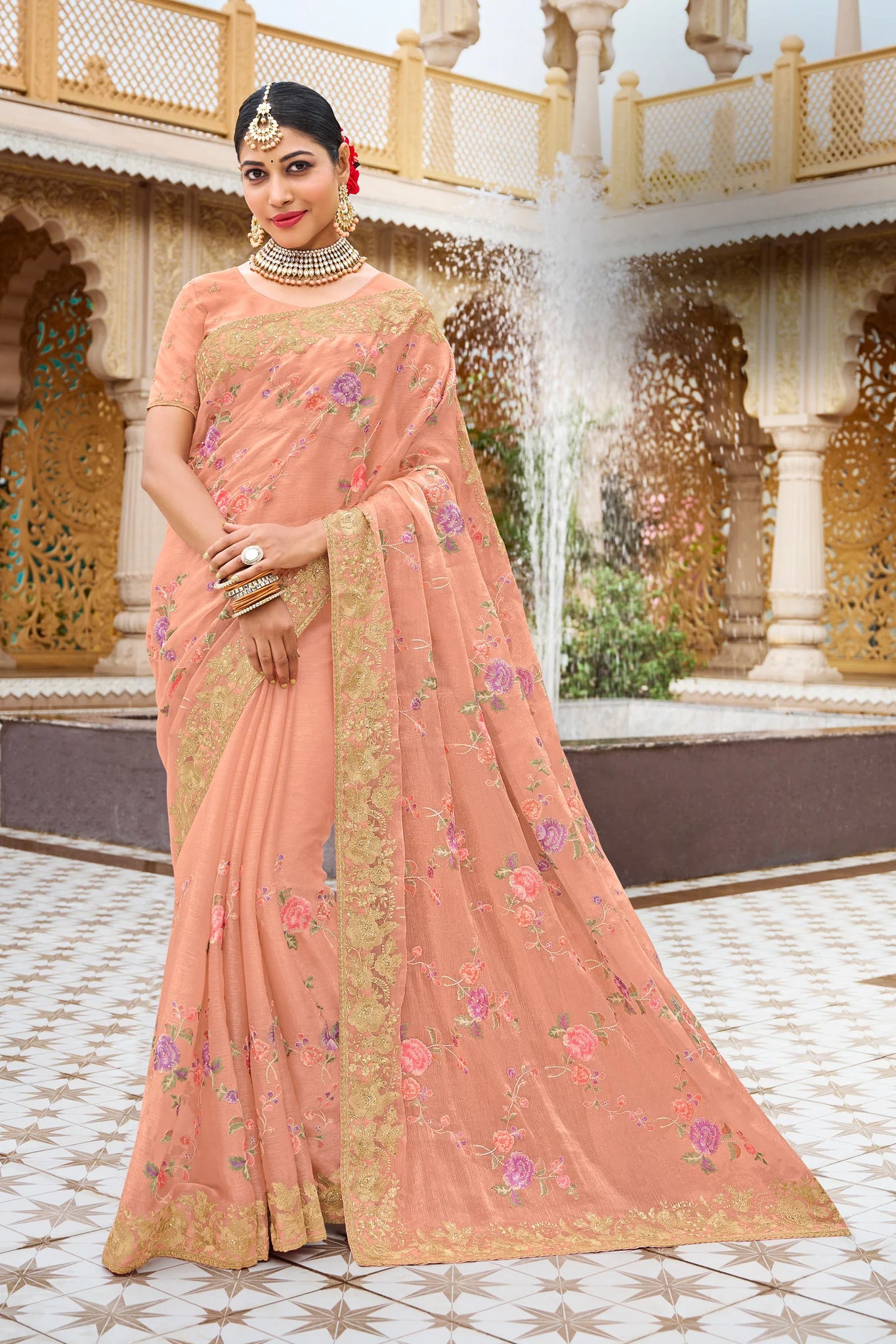 Laxmipati Malmal N-2224 Peach Chiffon Saree