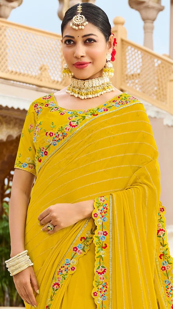 Laxmipati Malmal N-2225 Yellow Georgette Saree