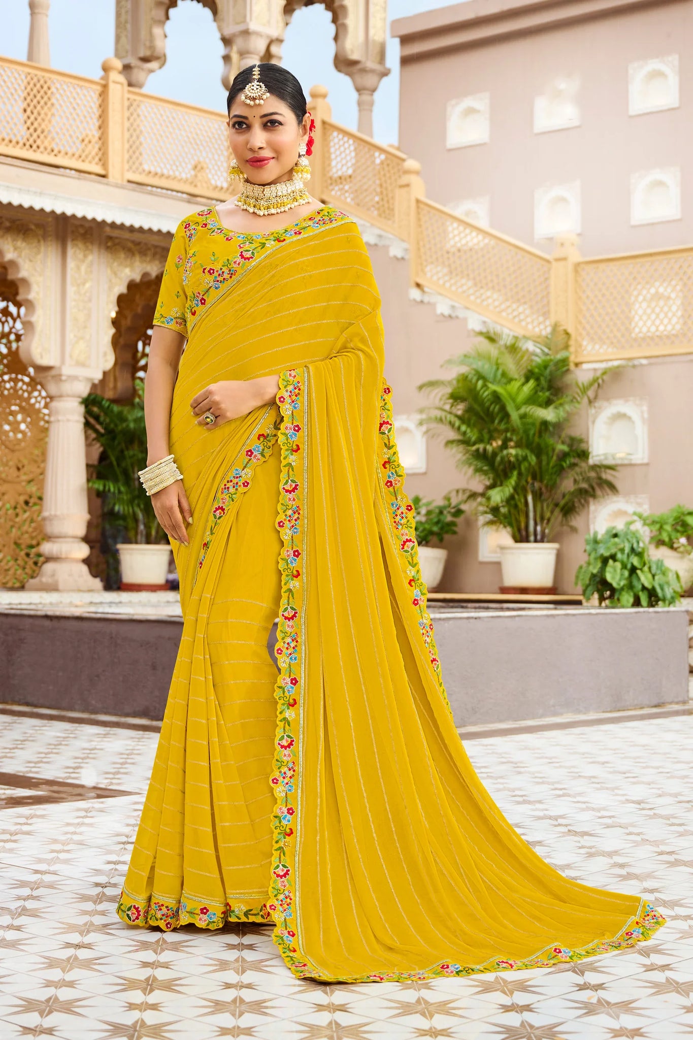 Laxmipati Malmal N-2225 Yellow Georgette Saree