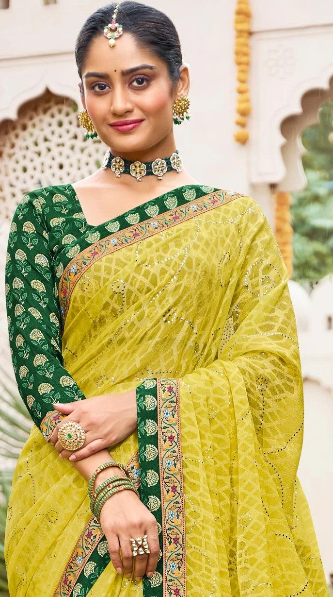 Laxmipati Dhan_Laxmi N-2252 Lemon Yellow Chiffon Brasso Saree