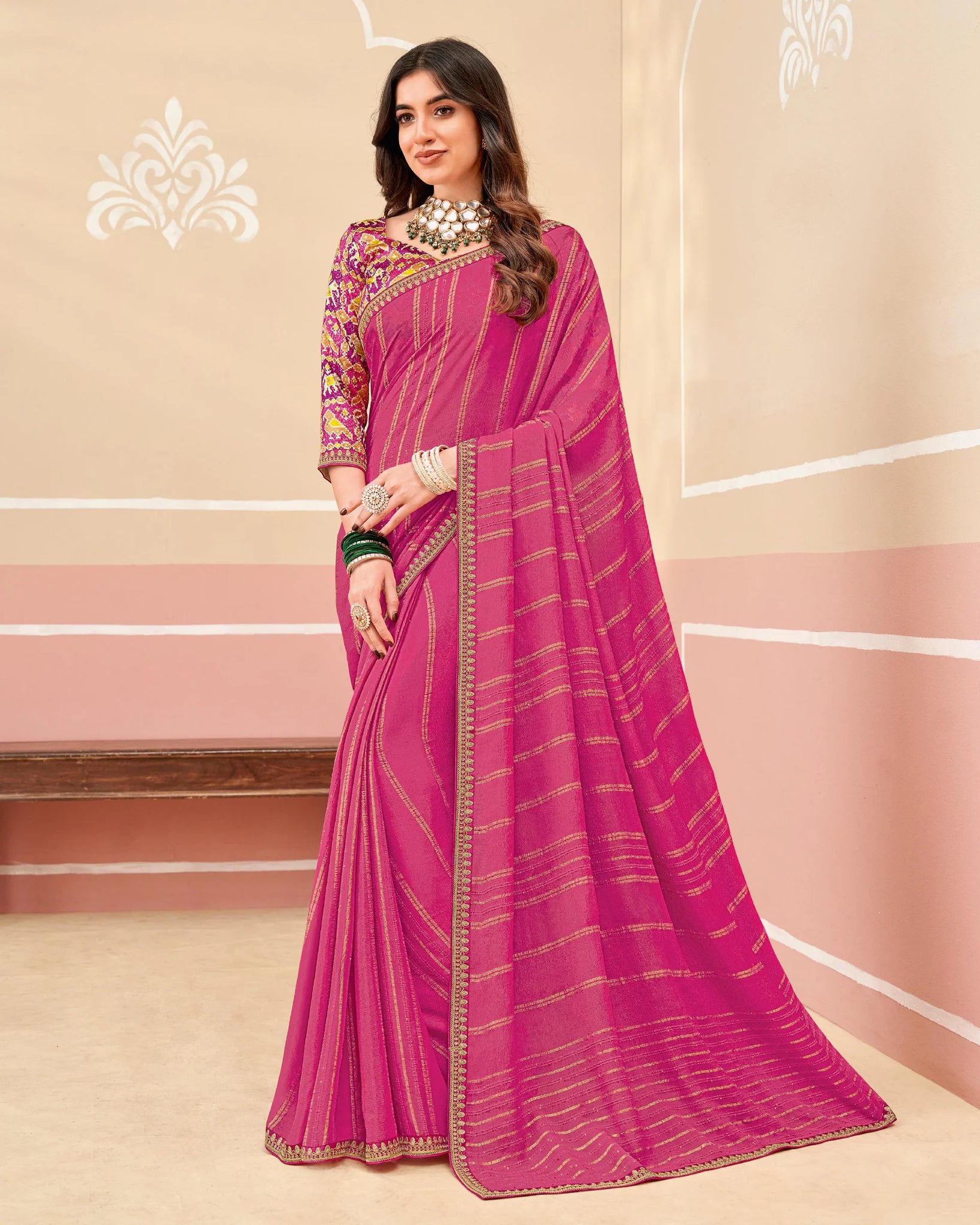 Laxmipati Gold Spot N-2329 Pink Chiffon Saree