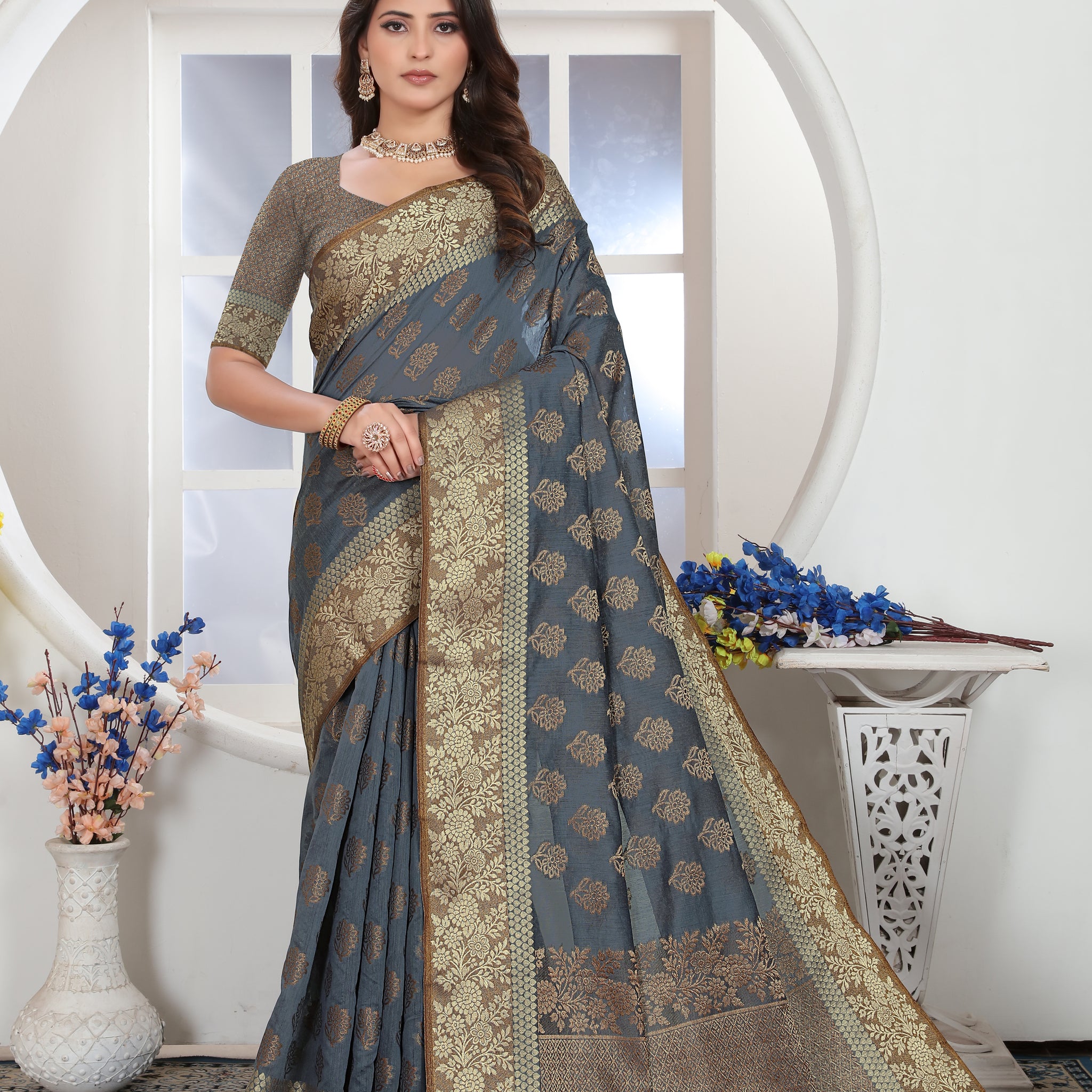 Ishika Fab Grey Chanderi Cotton Saree