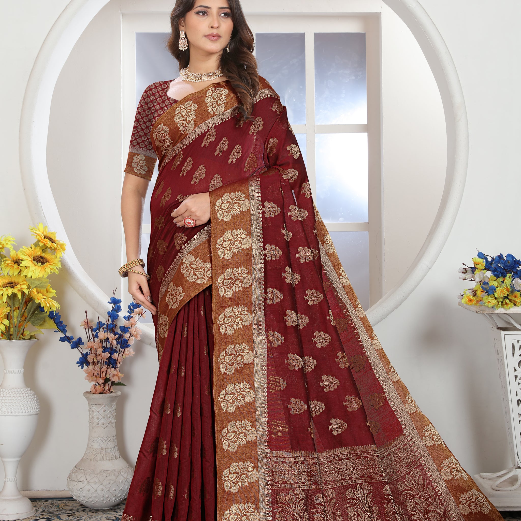 Ishika Fab Maroon Chanderi Cotton Saree