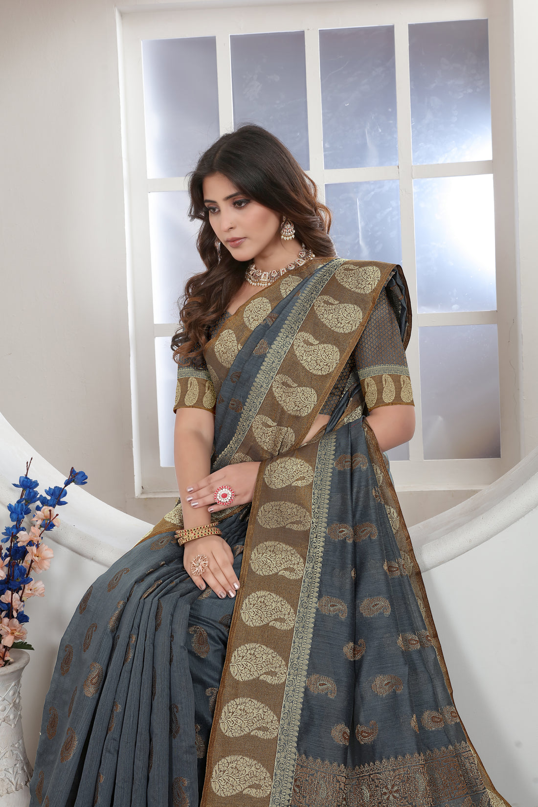 Ishika Fab Turkish Grey Chanderi Cotton Saree