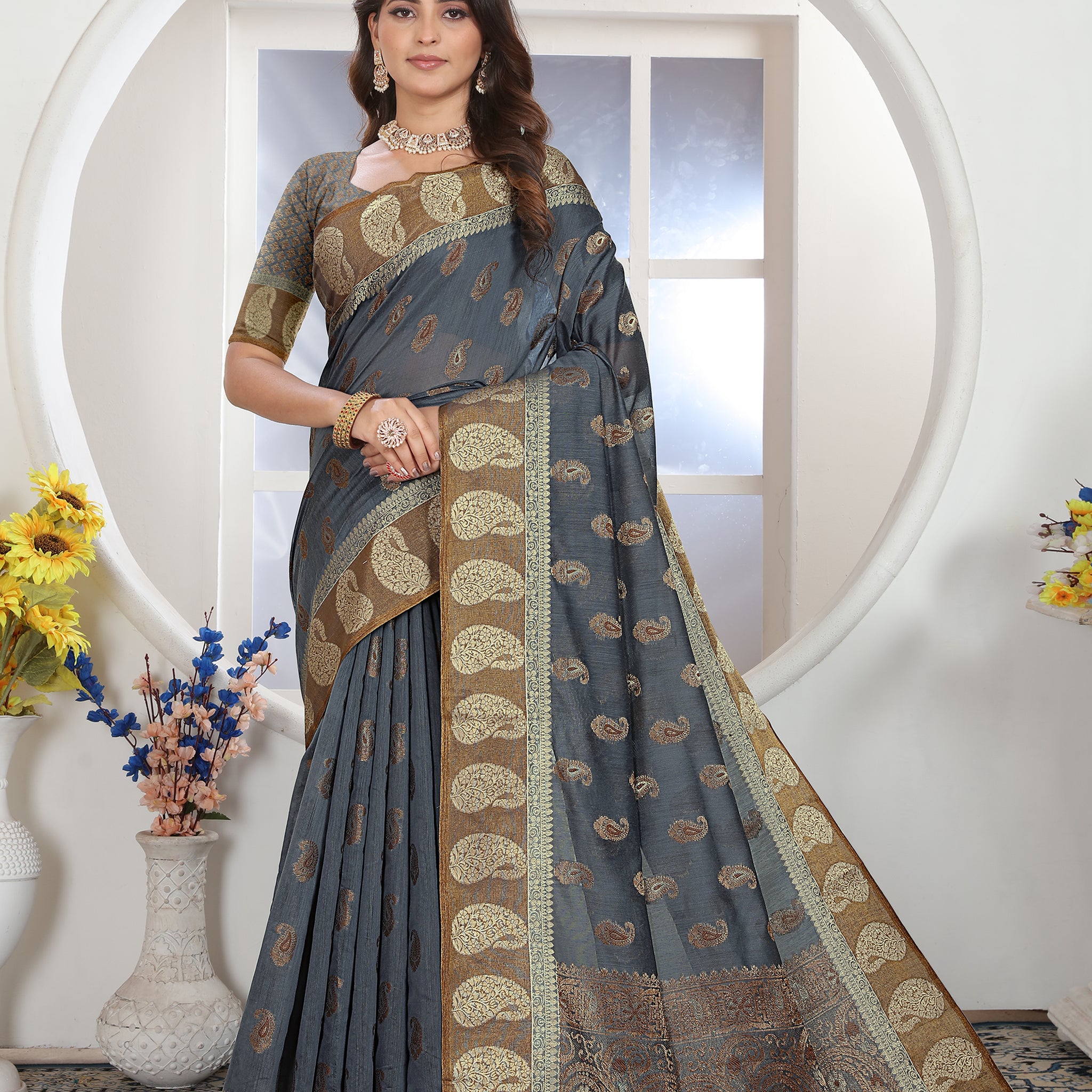 Ishika Fab Turkish Grey Chanderi Cotton Saree