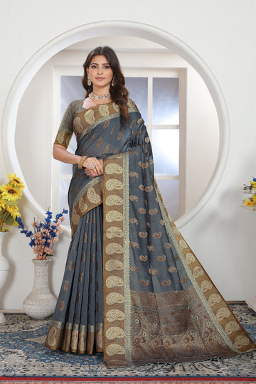 Ishika Fab Turkish Grey Chanderi Cotton Saree