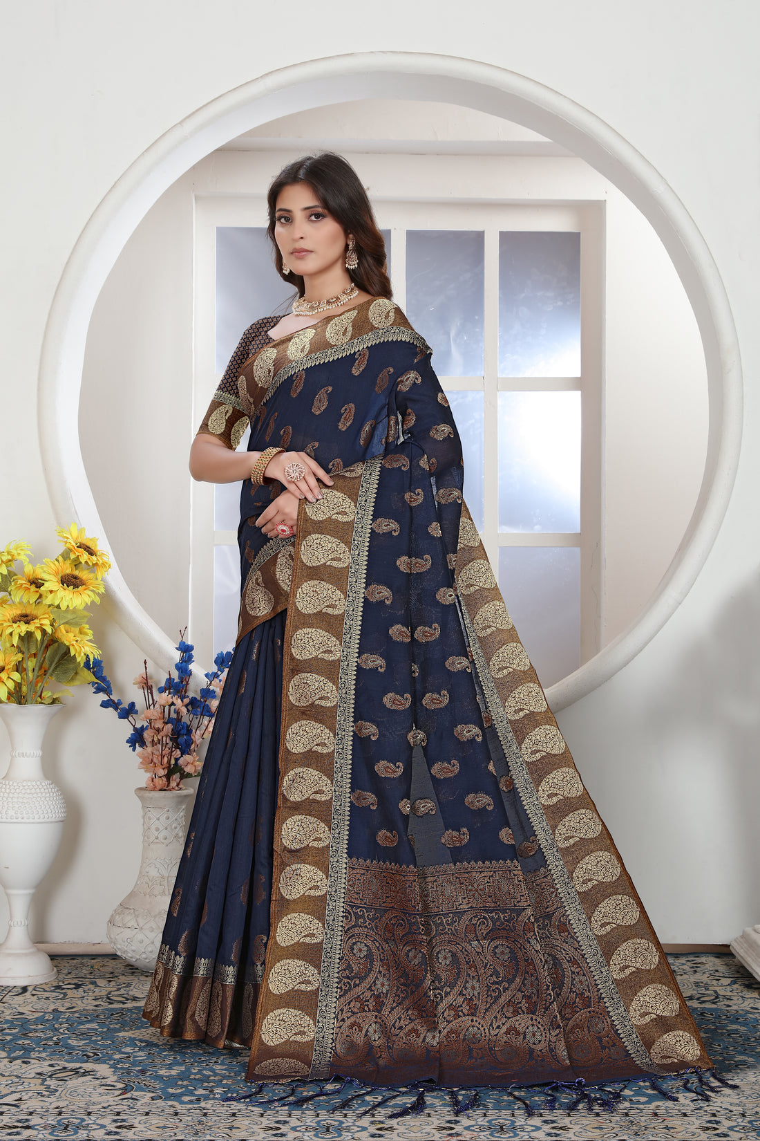 Ishika Fab Navy Blue Chanderi Cotton Saree