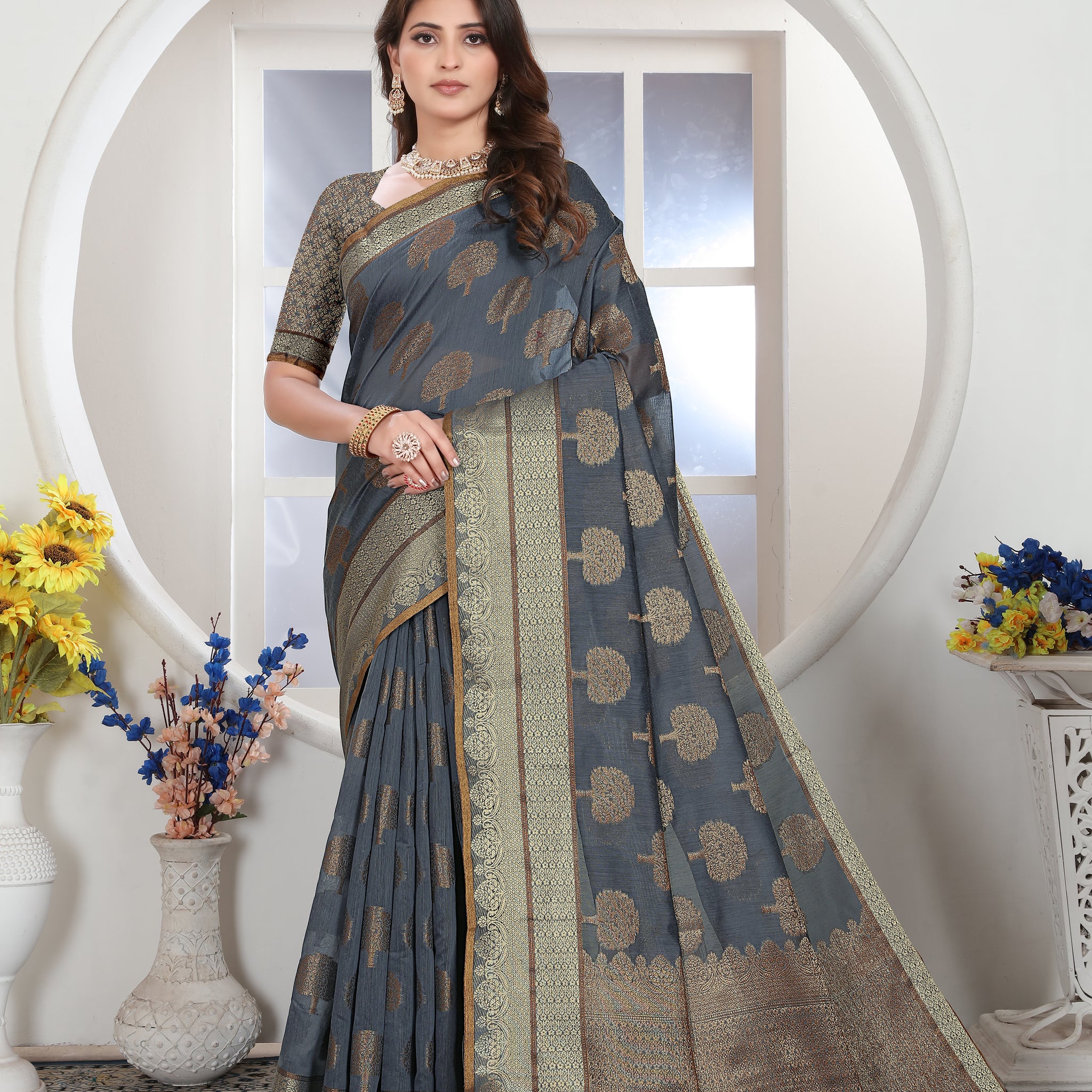 Ishika Fab Grey Chanderi Cotton Saree