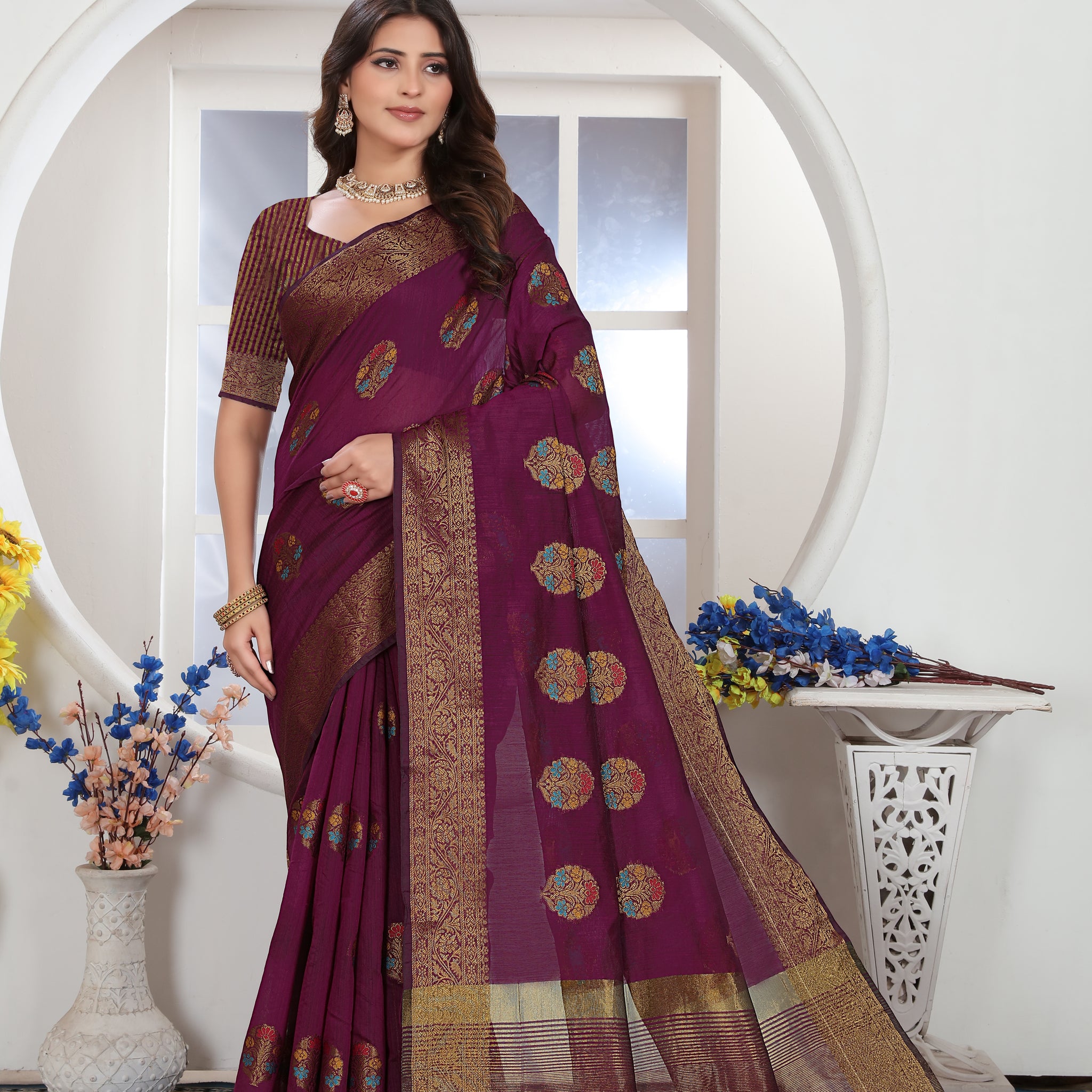 Ishika Fab Purple Wine Chanderi Cotton Saree