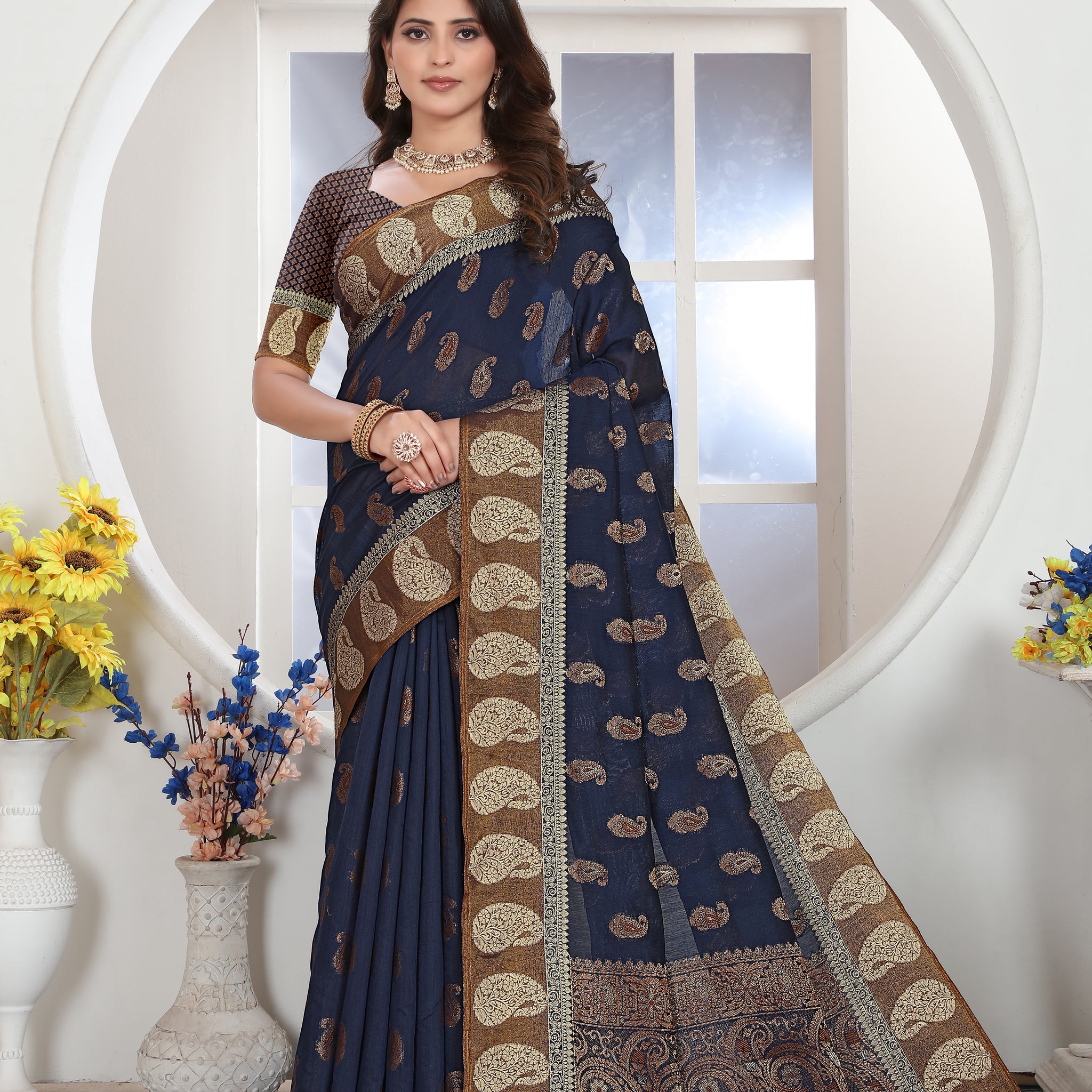 Ishika Fab Navy Blue Chanderi Cotton Saree