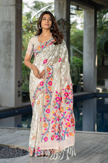 Ishika Fab Off White Soft Cotton Saree