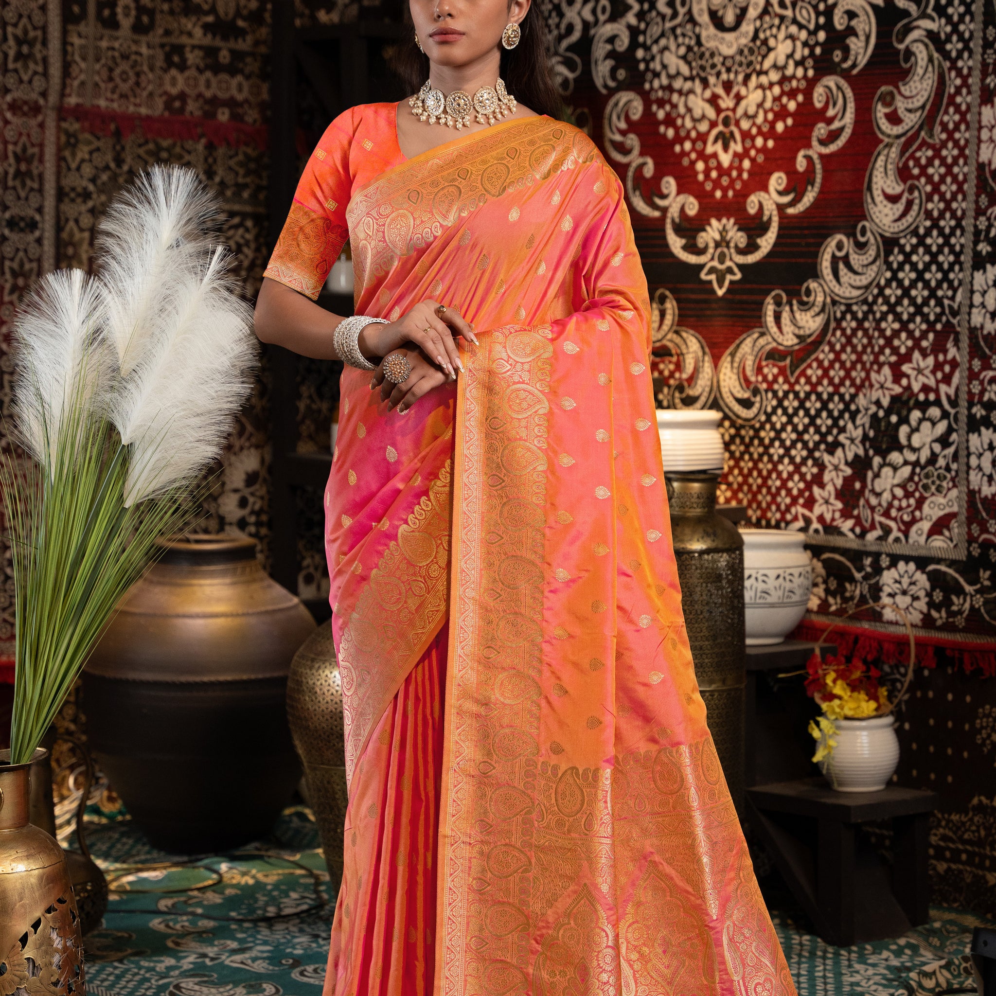 Peach Banarasi Silk Saree