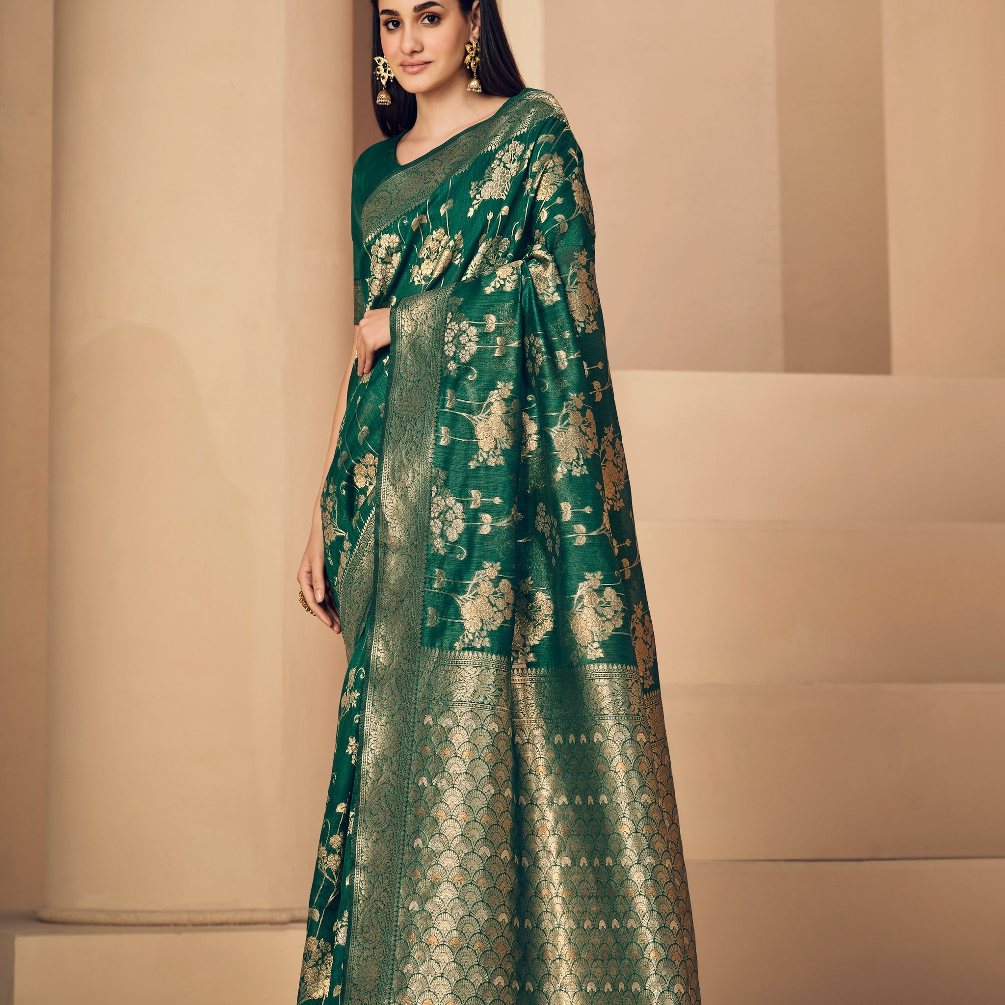 Ishika Fab Dark Green Linen Saree