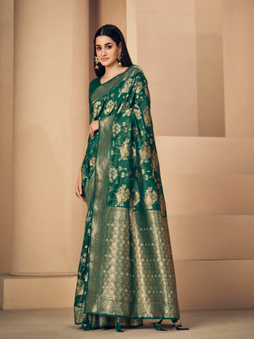 Ishika Fab Dark Green Linen Saree