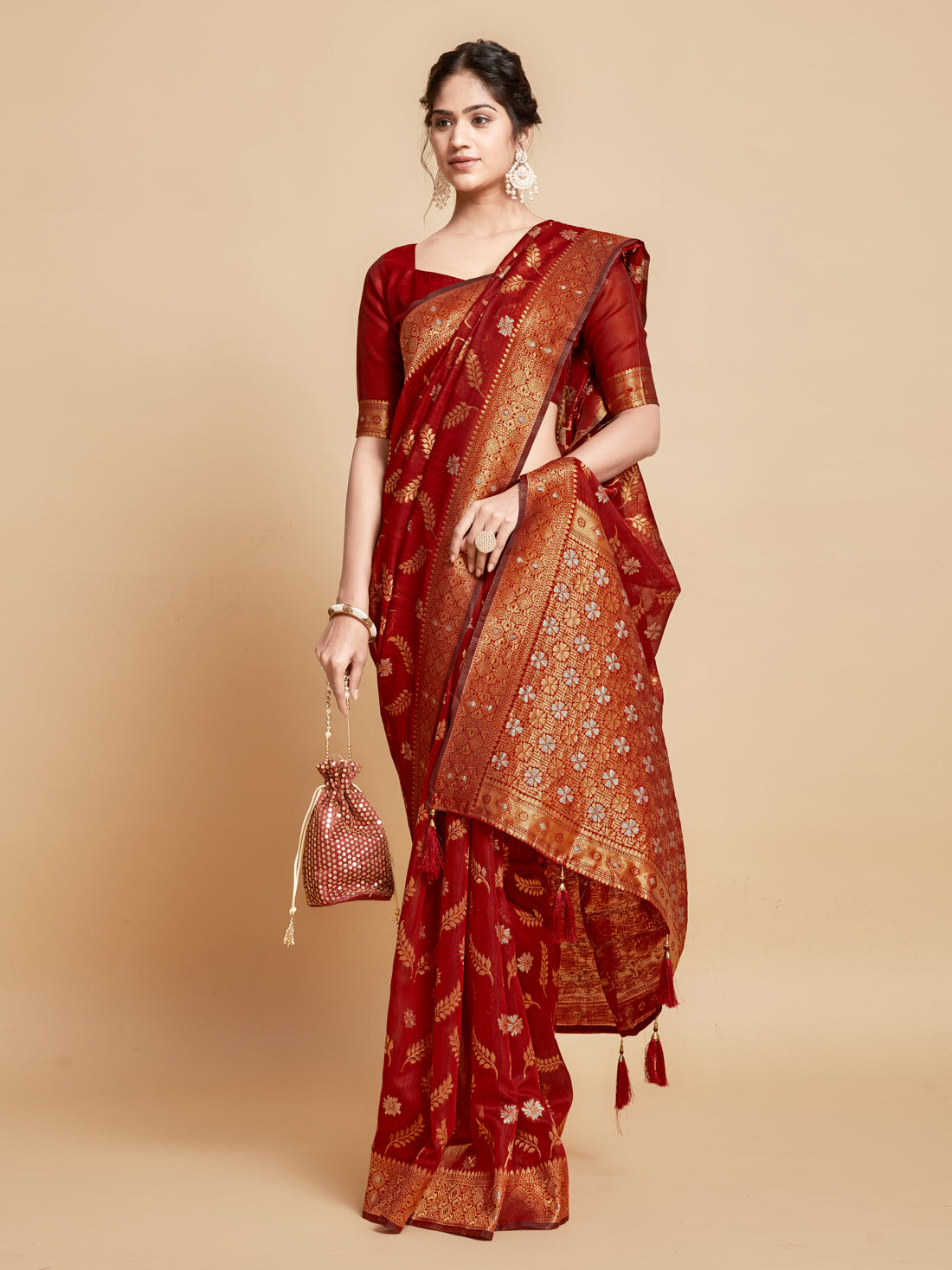 Ishika Fab Red Linen Saree