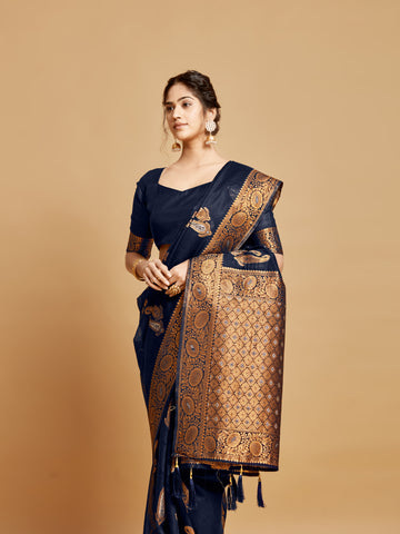 Ishika Fab Navy Blue Linen Saree