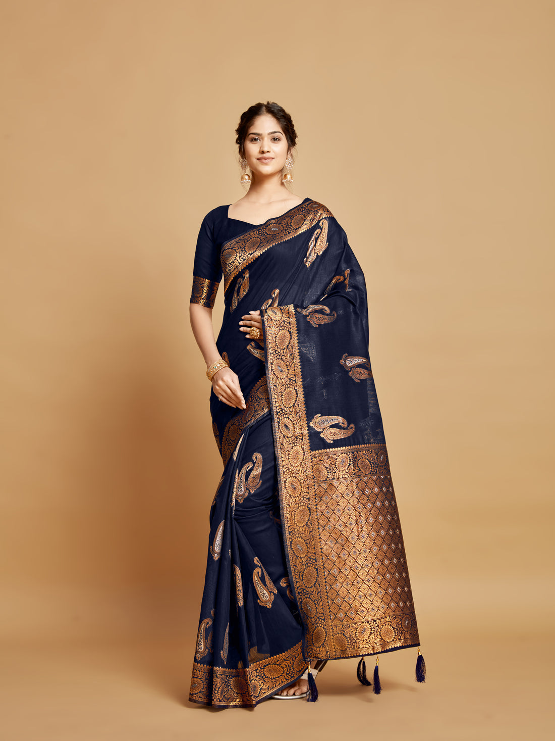 Ishika Fab Navy Blue Linen Saree