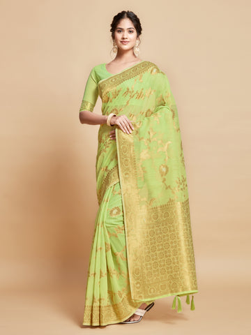 Ishika Fab Pista Green Linen Saree