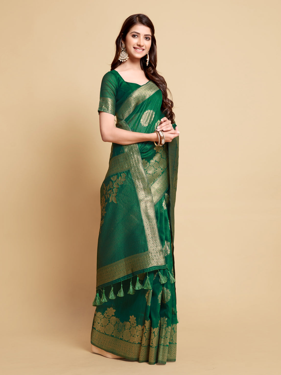 Ishika Fab Leaf Green Linen Saree