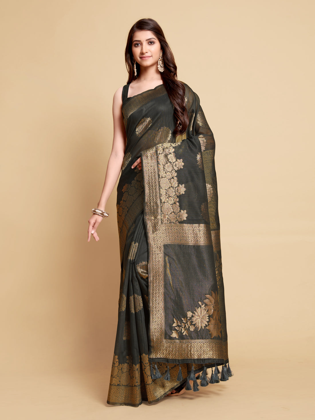 Ishika Fab Dark Grey Linen Saree