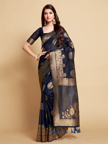 Ishika Fab Admiral Blue Linen Saree