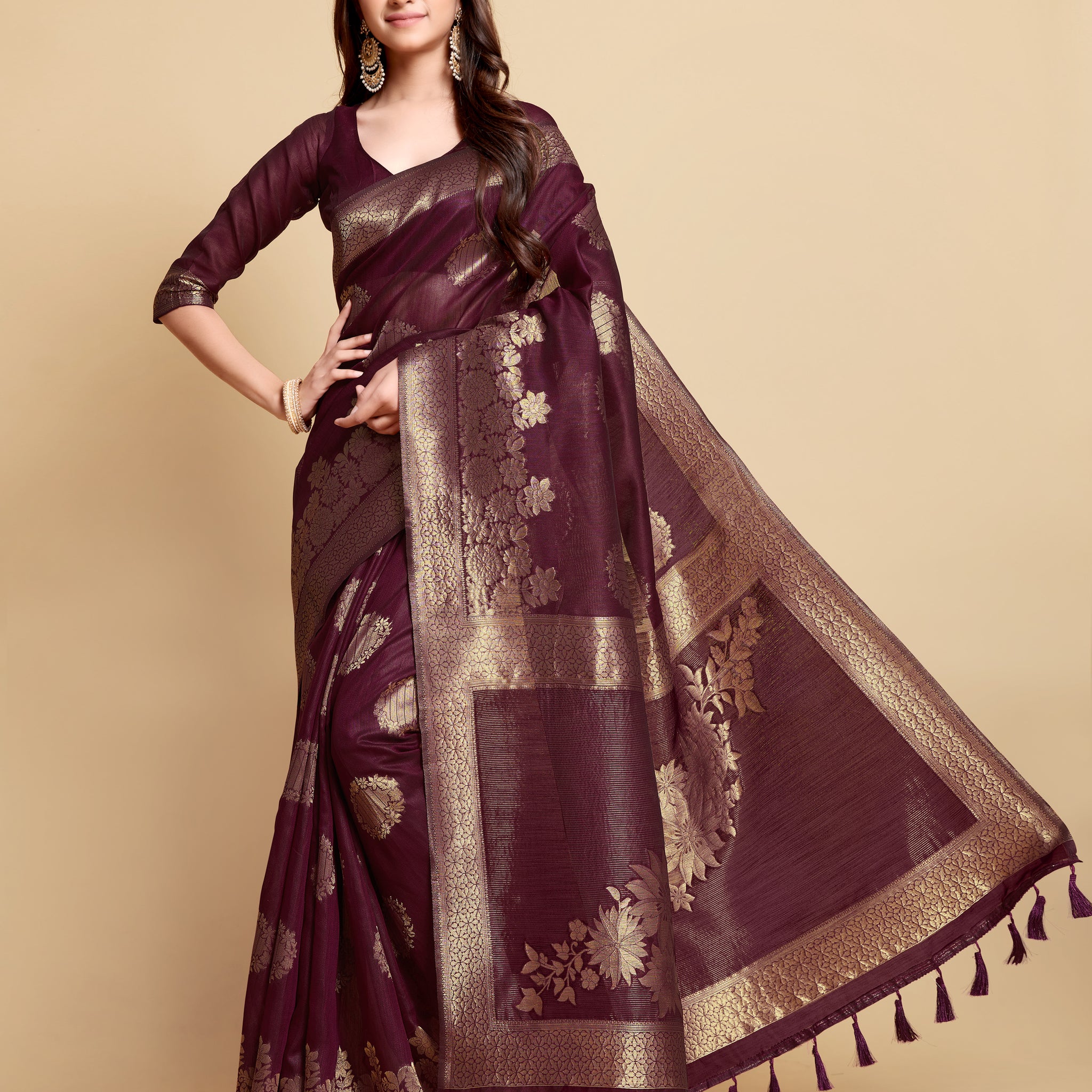 Ishika Fab Purple Wine Linen Saree