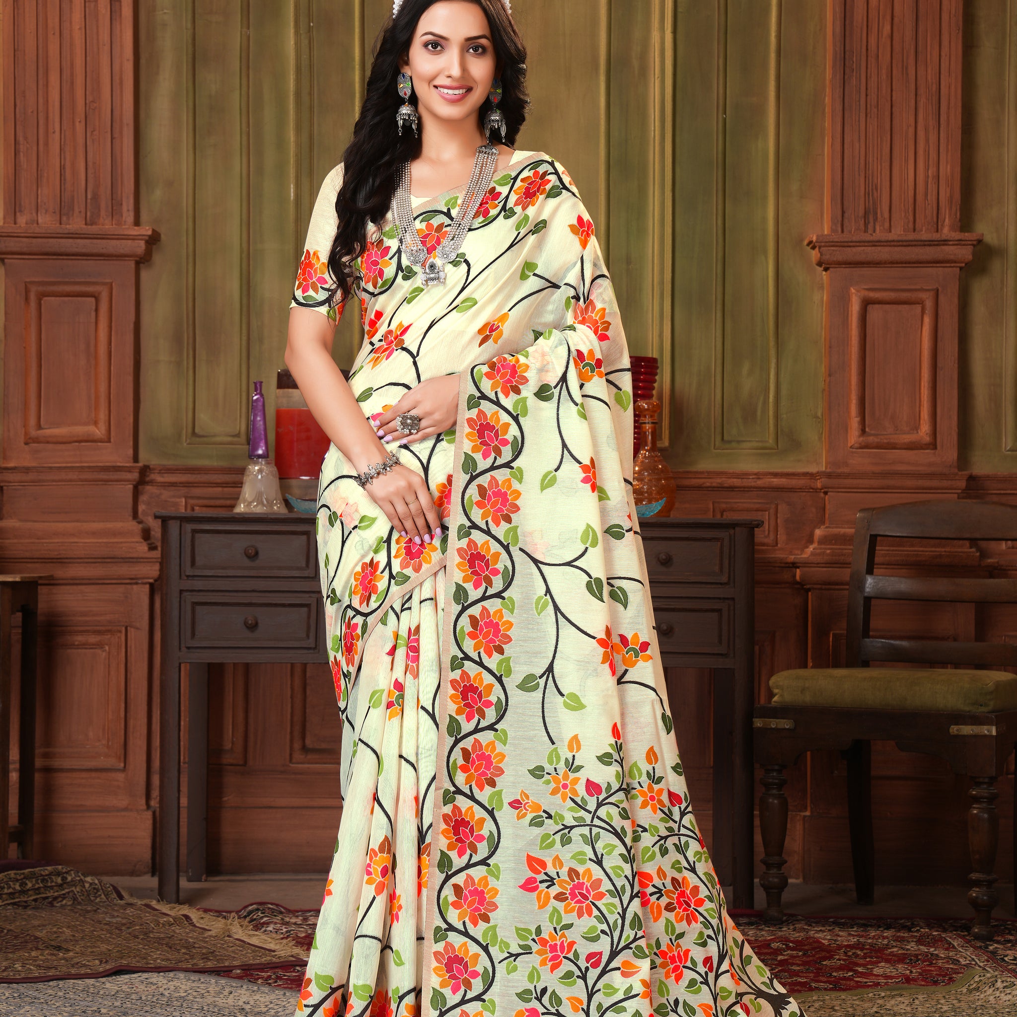 Ishika Fab Off White Soft Cotton Saree