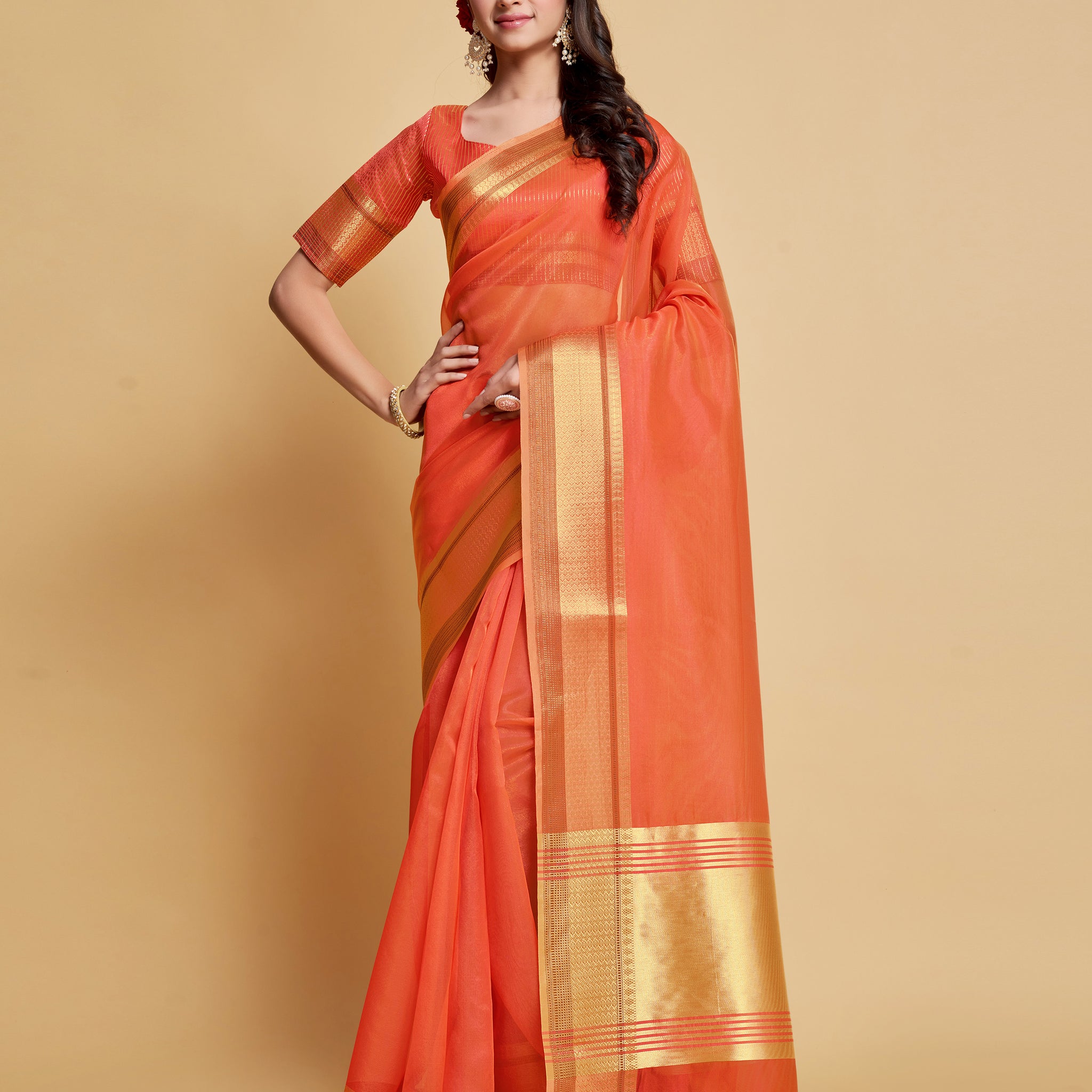 Ishika Fab Peach Orange Organza Saree