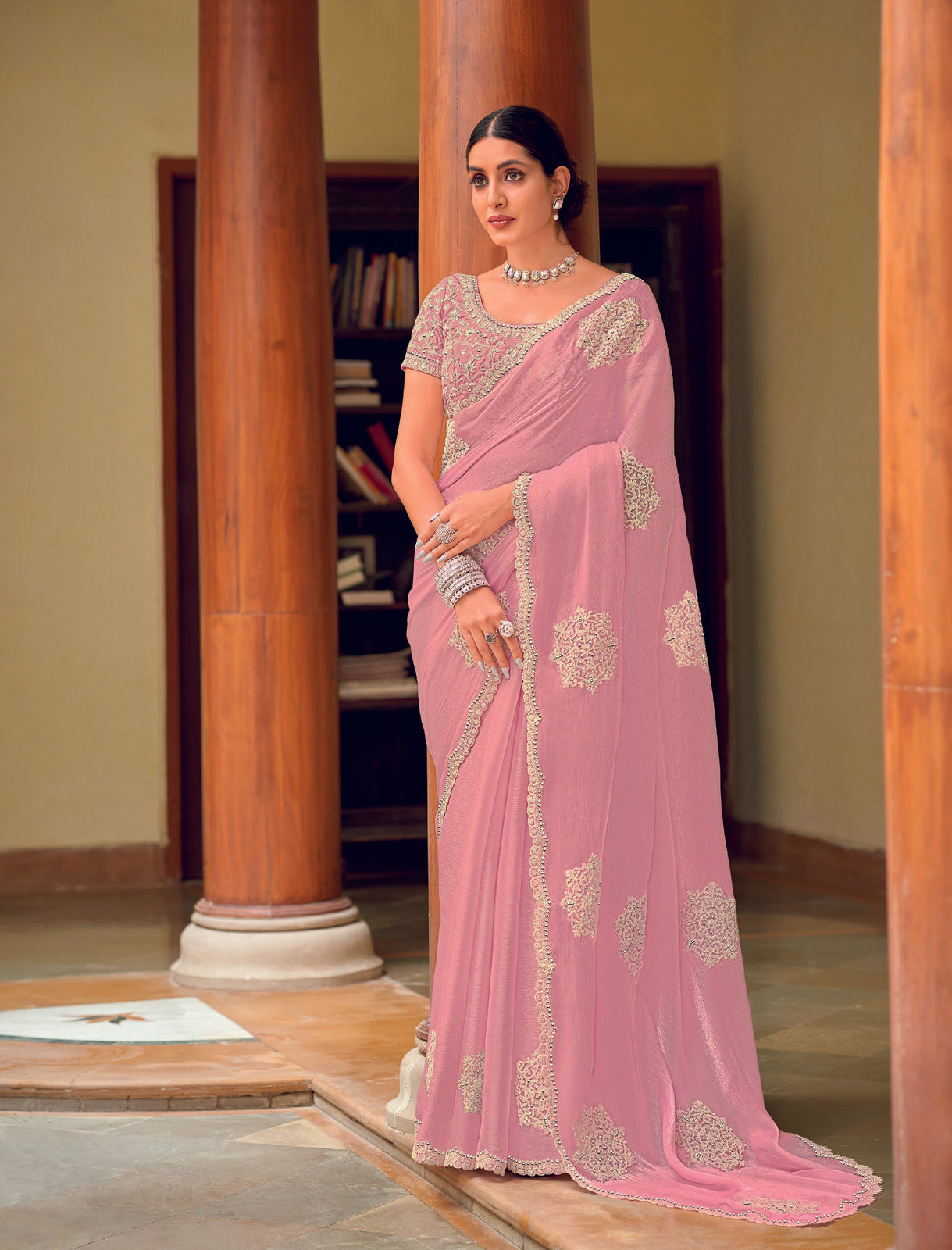 Laxmipati Gur Chini N-2229 Pink Wrinkle Chiffon Saree