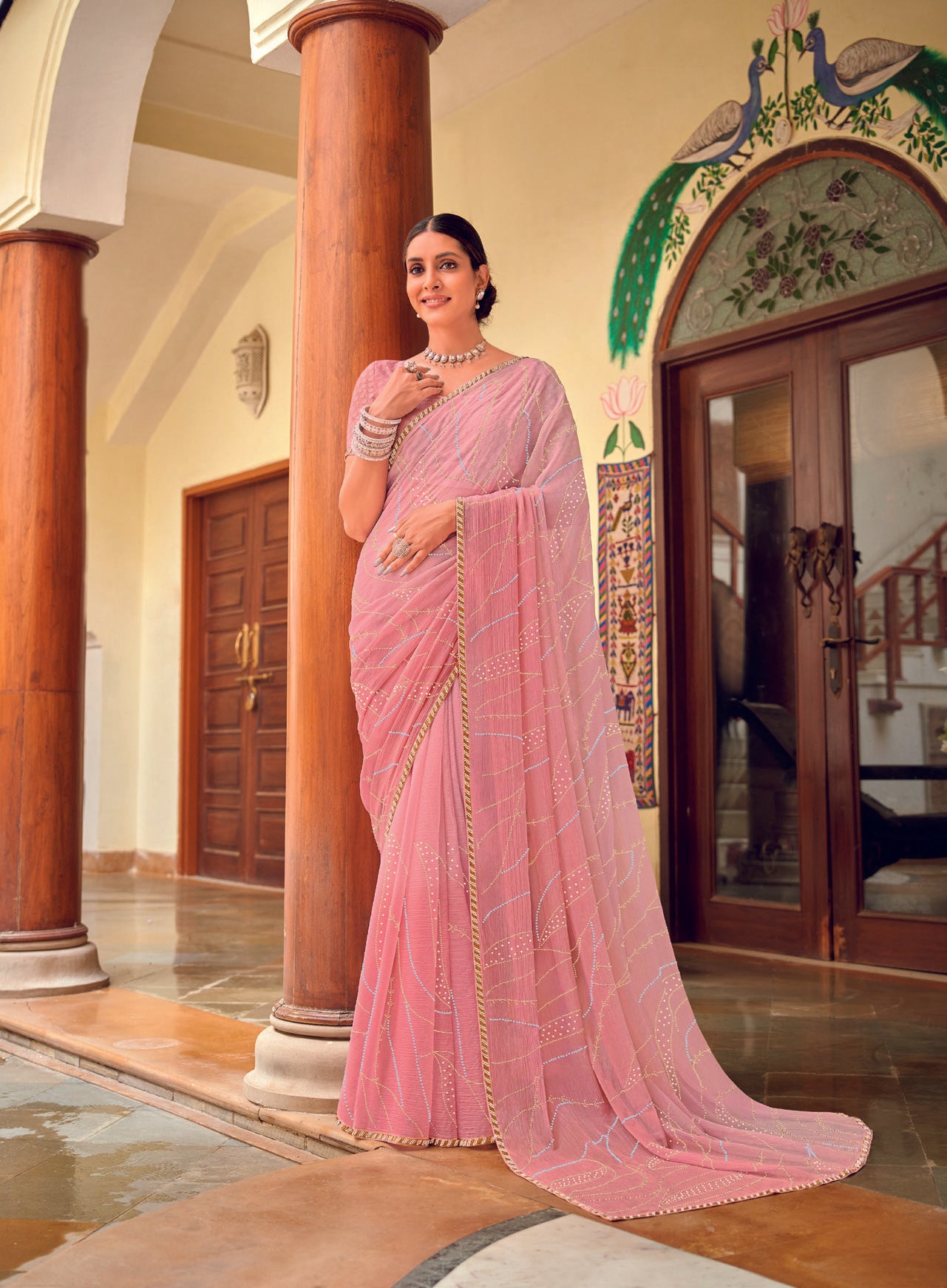 Laxmipati Gur Chini N-2232 Pink Chiffon Saree