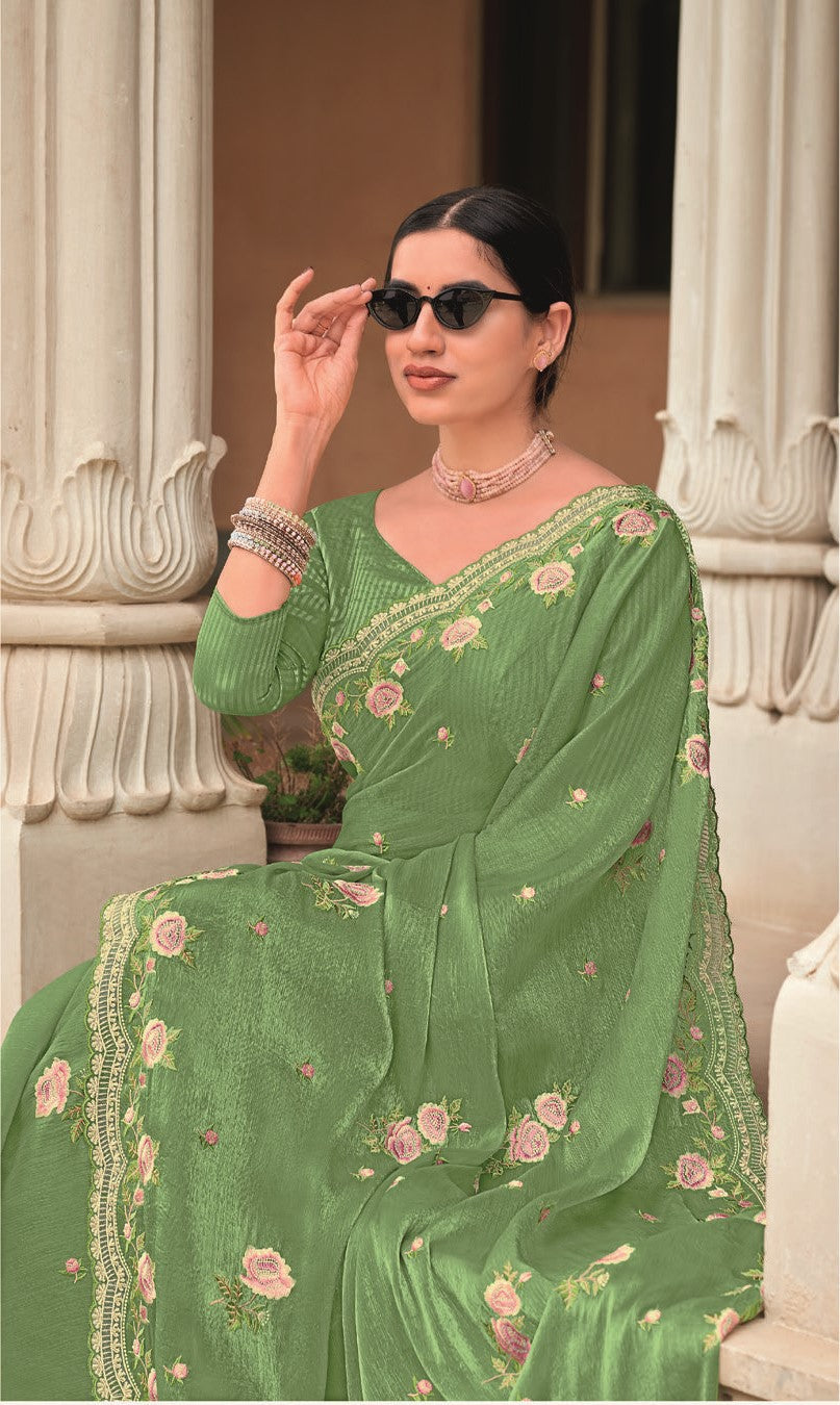 Laxmipati Gur Chini N-2227 Pista Green Chiffon Saree