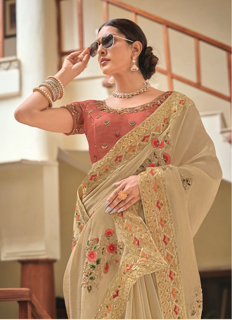 Laxmipati Gur Chini N-2234 Light Gold Crush Chiffon Saree