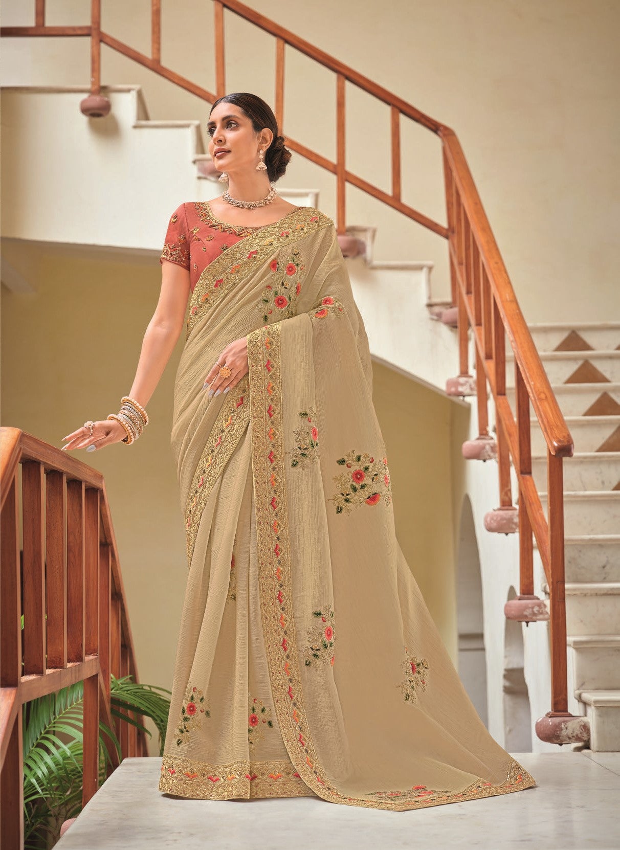 Laxmipati Gur Chini N-2234 Light Gold Crush Chiffon Saree