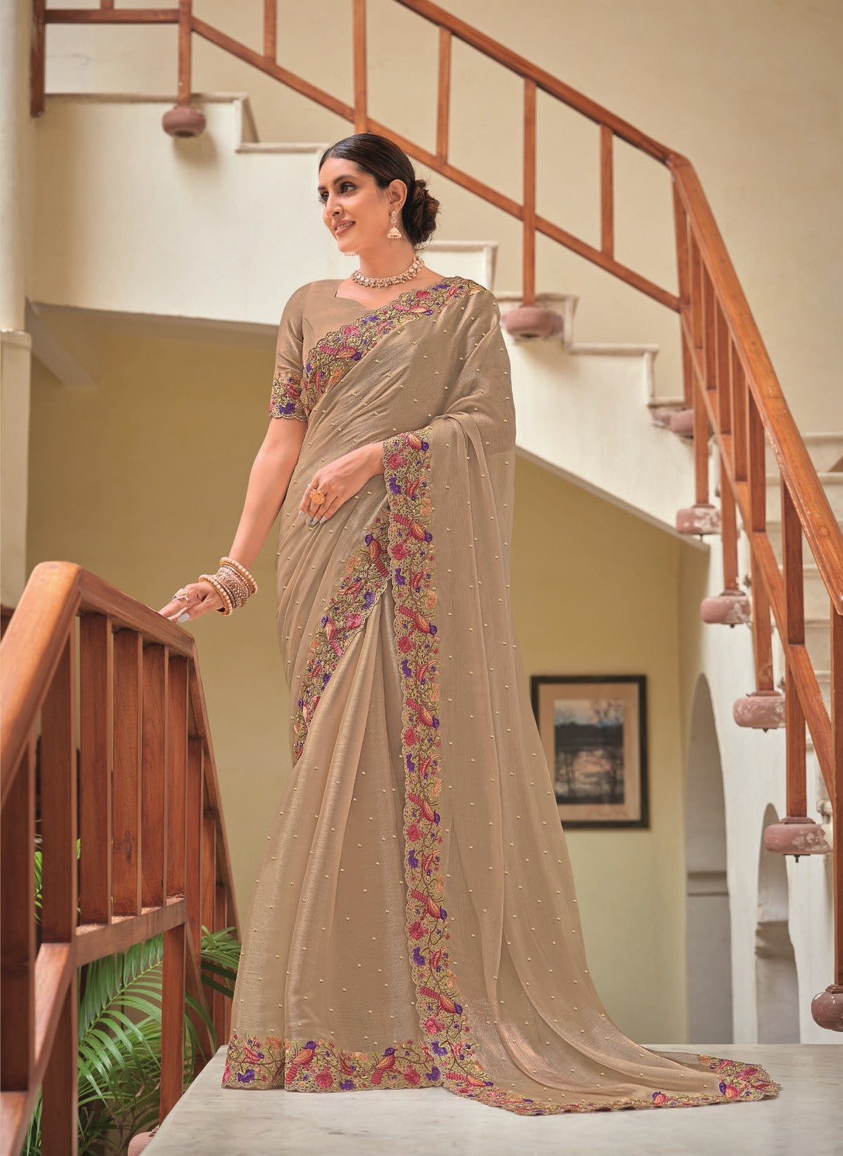 Laxmipati Gur Chini N-2237 Beige Chiffon Saree