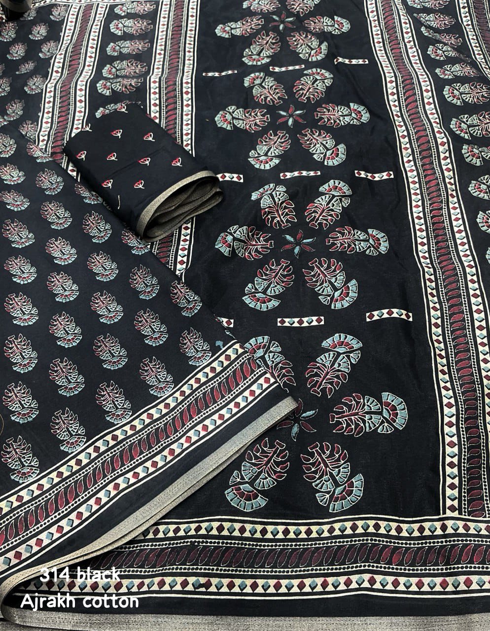 Coal Black Ajrakh Cotton Saree