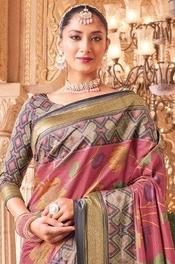 Gulmarg Pink and Grey Cotton Silk Saree